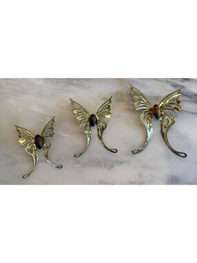 Vintage Brass Butterfly Wall Hooks Set Wood Bodies